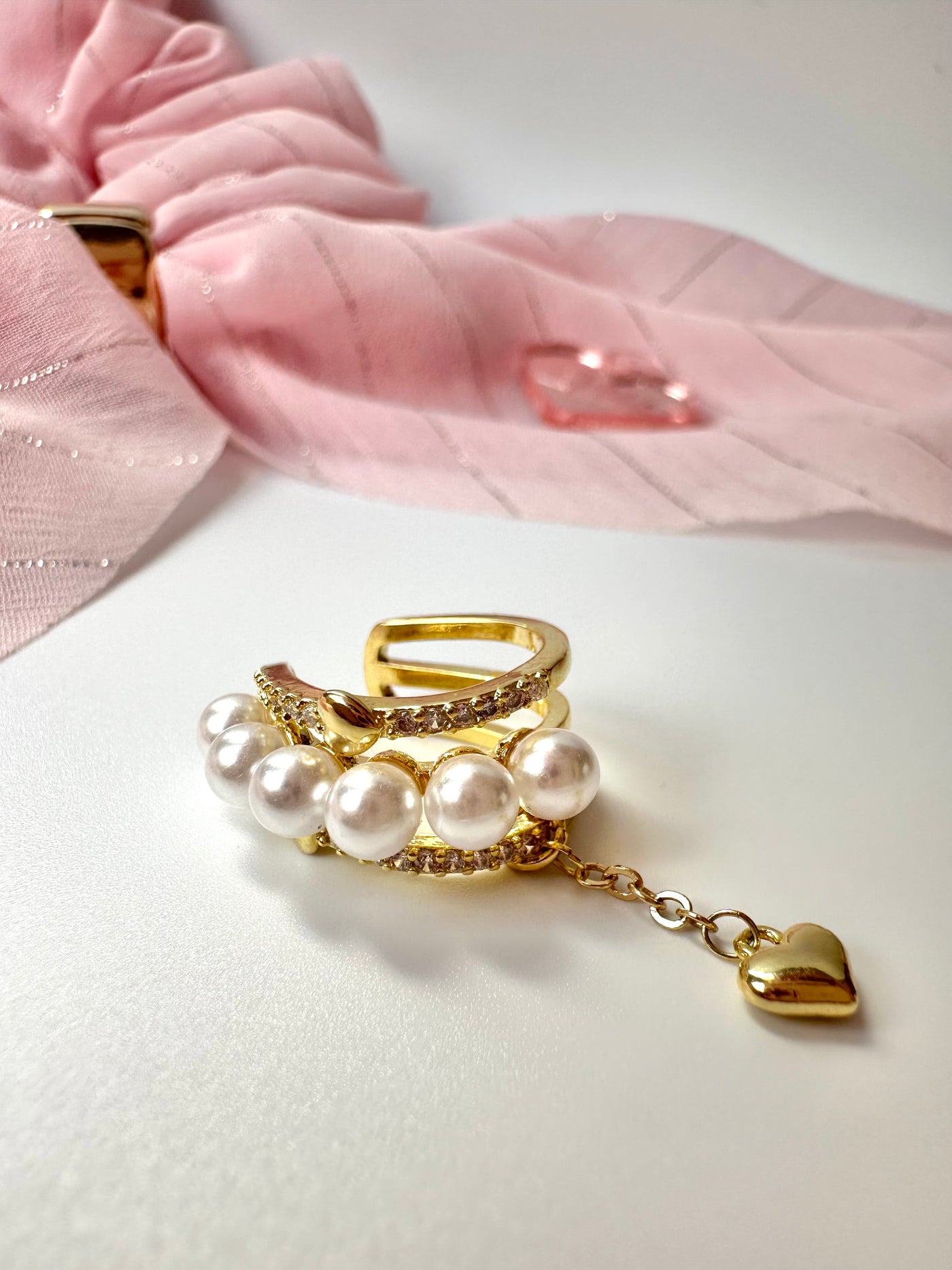 Pearls Ear Cuff Hanging Heart Earrings