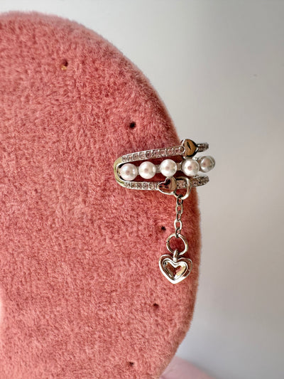 Pearls Ear Cuff Hanging Heart Earrings