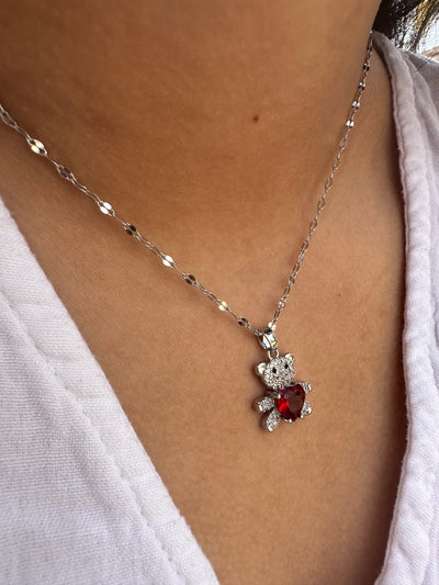 Silver Bear Red Zirconia Necklace