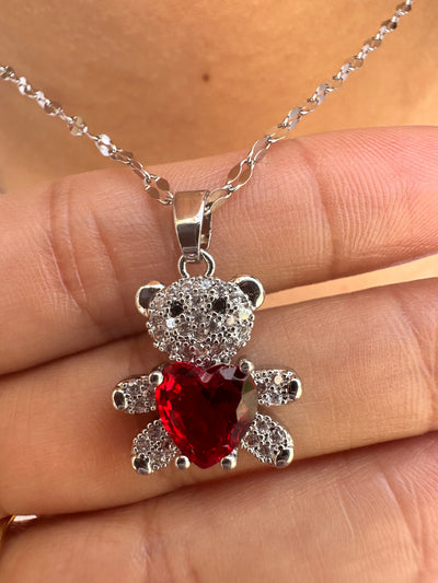 Silver Bear Red Zirconia Necklace