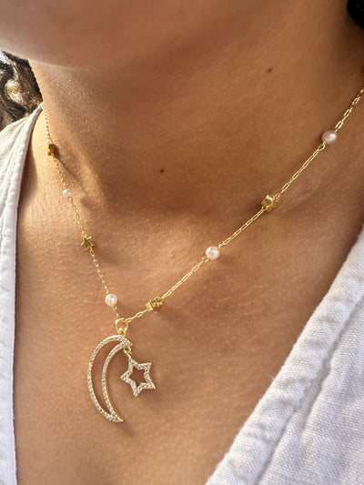 Moon and Star Pearl Necklace