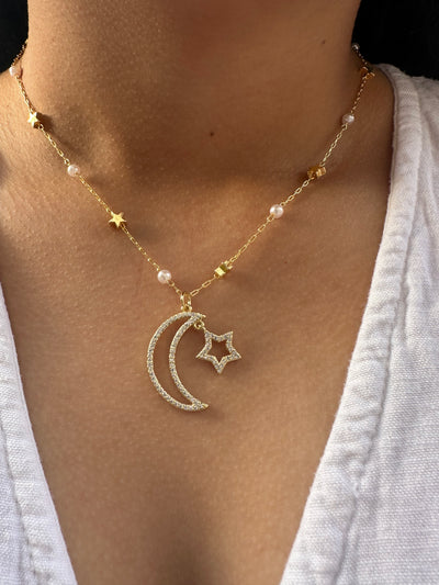 Moon and Star Pearl Necklace