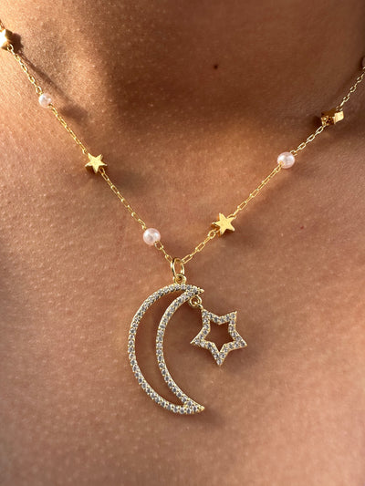 Moon and Star Pearl Necklace