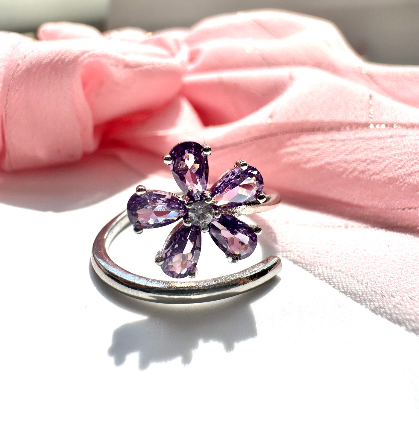 Purple Flower Silver Ring