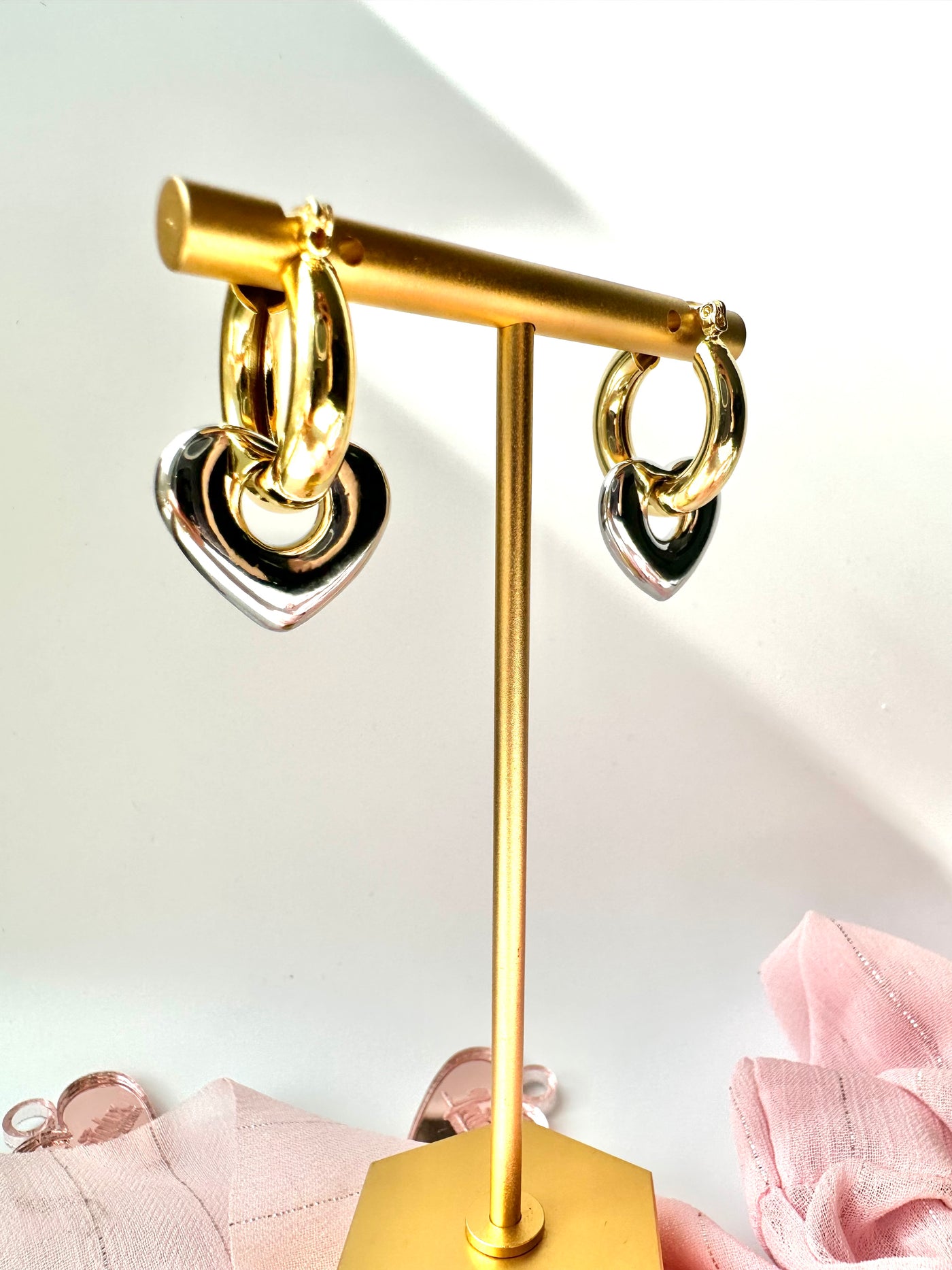 Gold Hoops with Silver Heart Earring