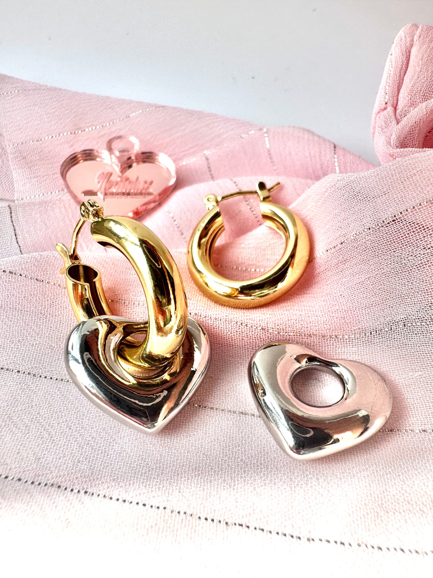 Gold Hoops with Silver Heart Earring