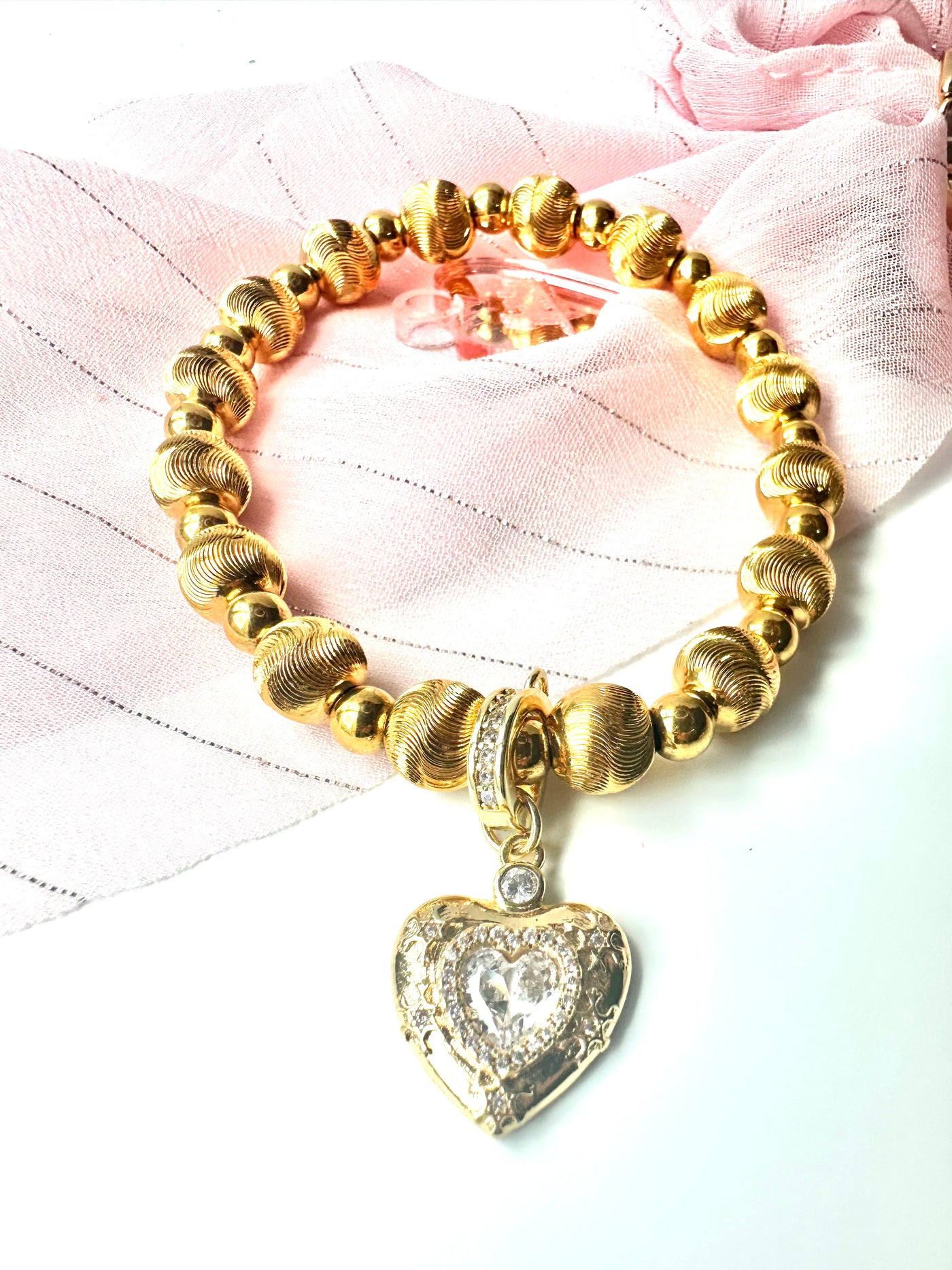 Gold Beads Bracelet with Removable Heart Pendat