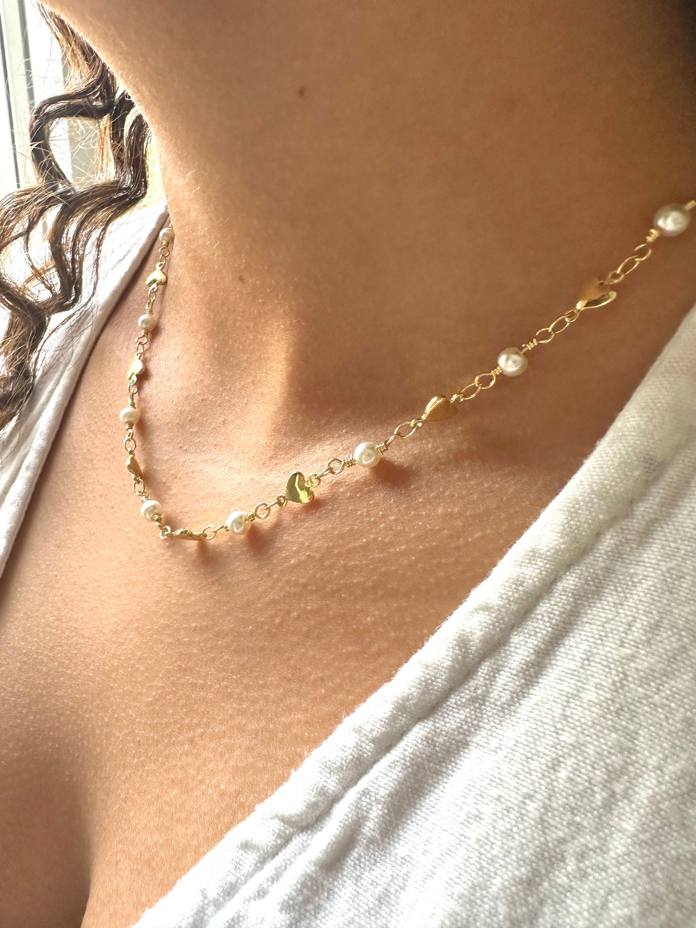 Hearts and Pearls Gold Necklace