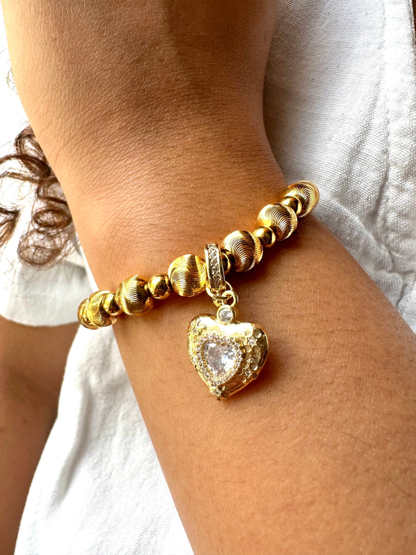 Gold Beads Bracelet with Removable Heart Pendat