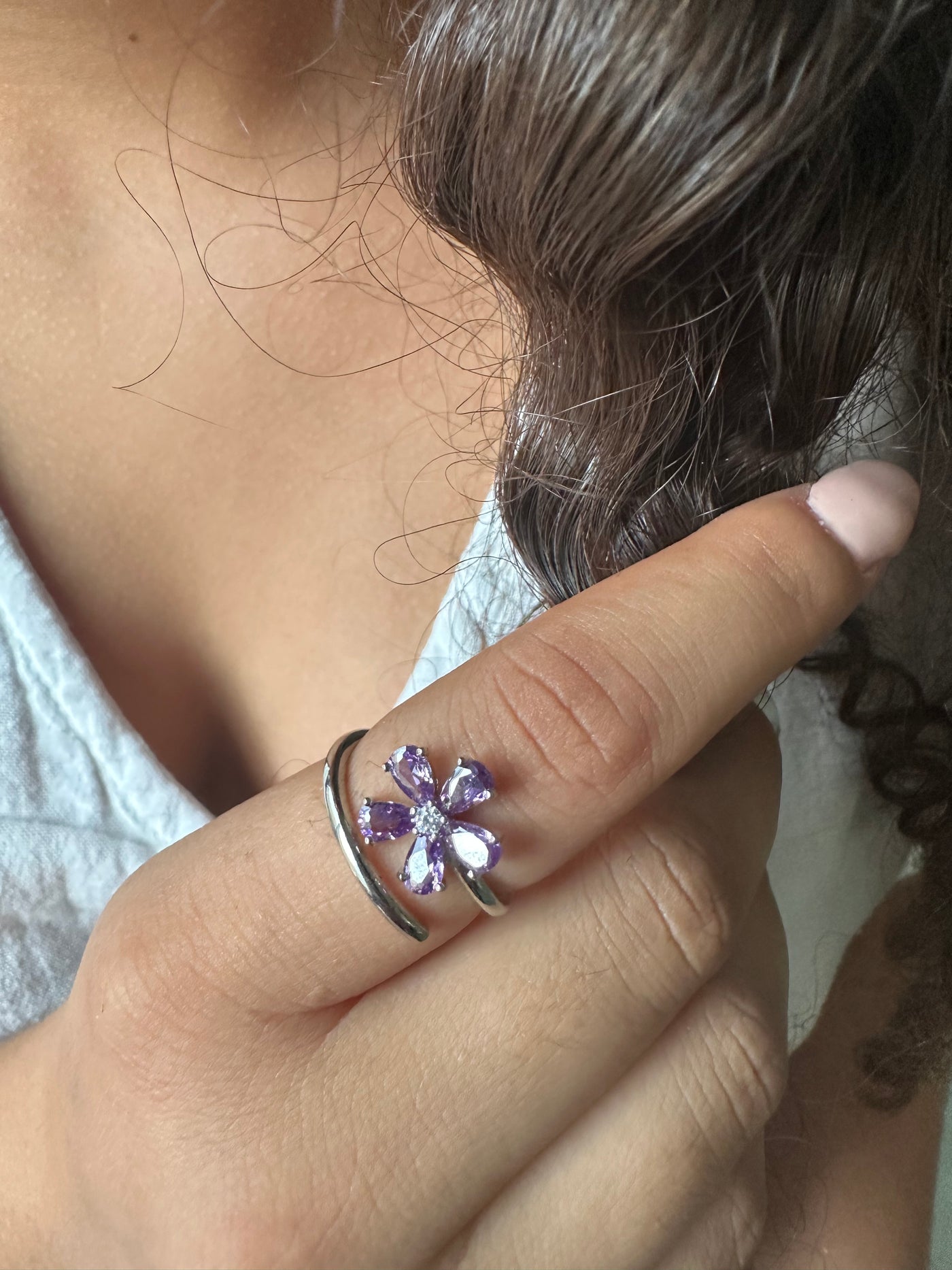 Purple Flower Silver Ring