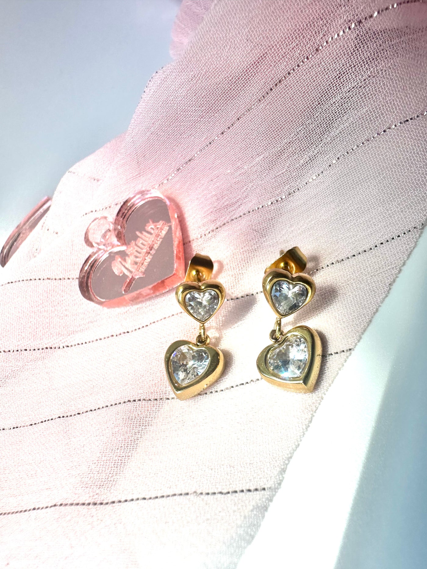 Double Heart Zirconia Drop Earrings