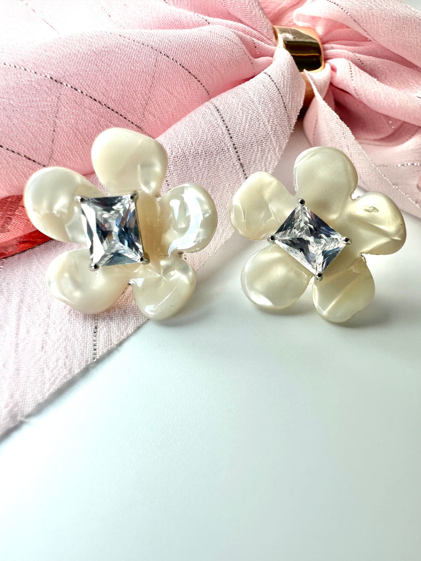 Removable White Zirconia Flower Earrings