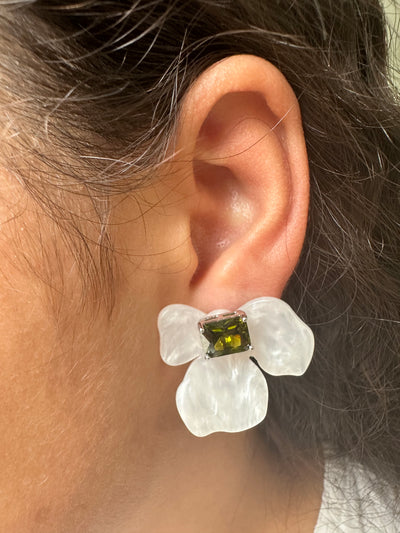 Removable Green Zirconia Flower Earrings