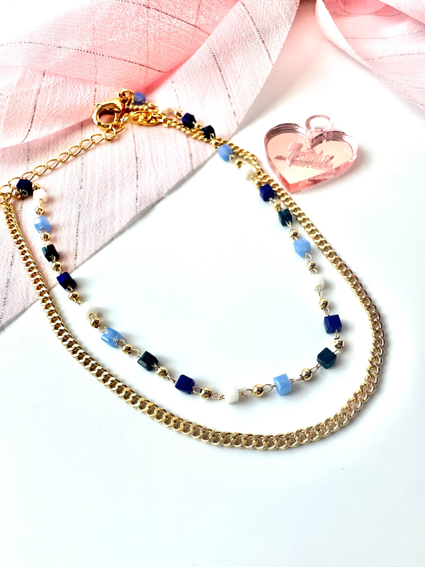 Double Chain Blue Square Anklet