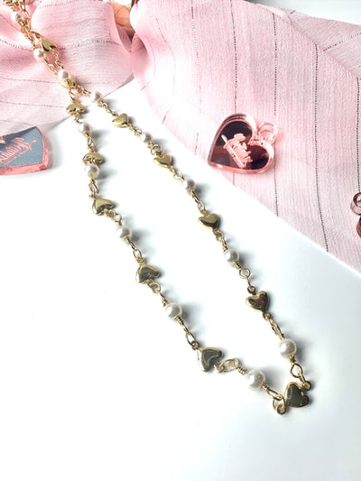 Hearts and Pearls Gold Necklace