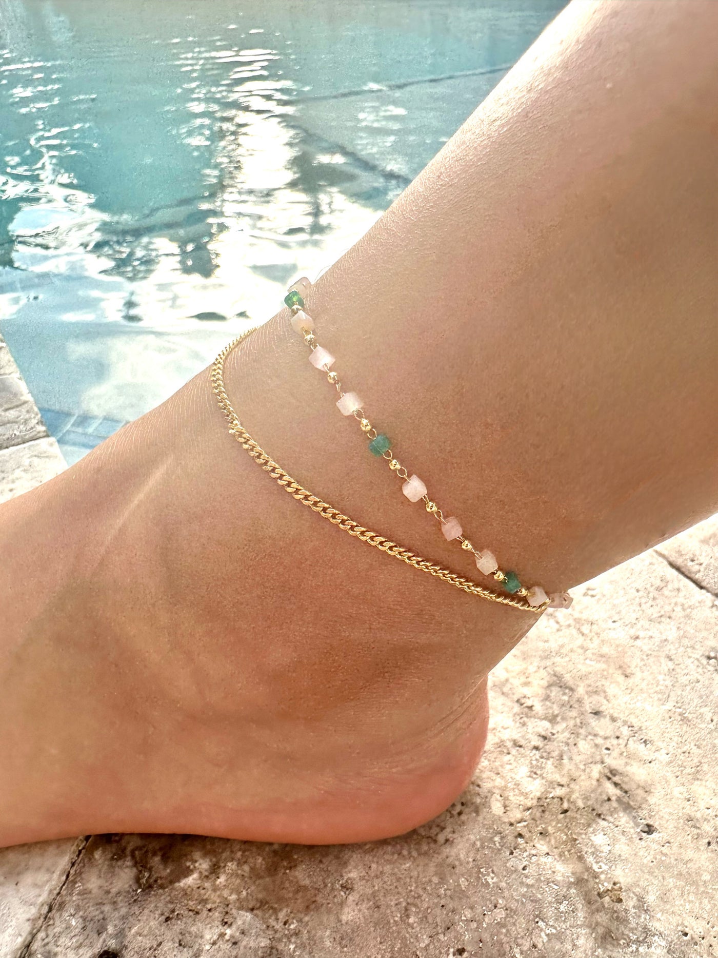 Double Chain Teal Square Beads Anklet