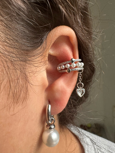 Pearls Ear Cuff Hanging Heart Earrings