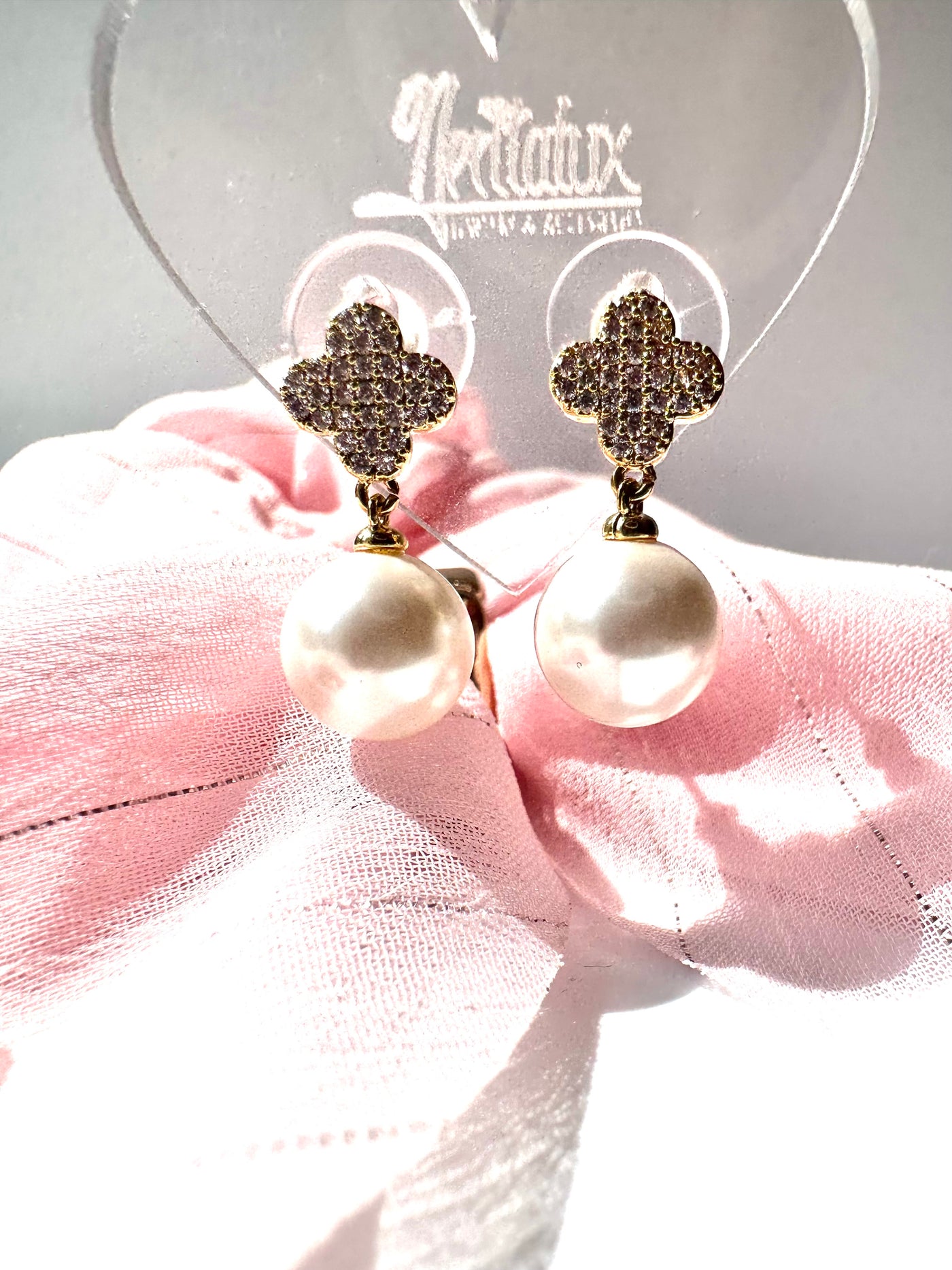 Clover Zirconia Drop Pearl Earrings